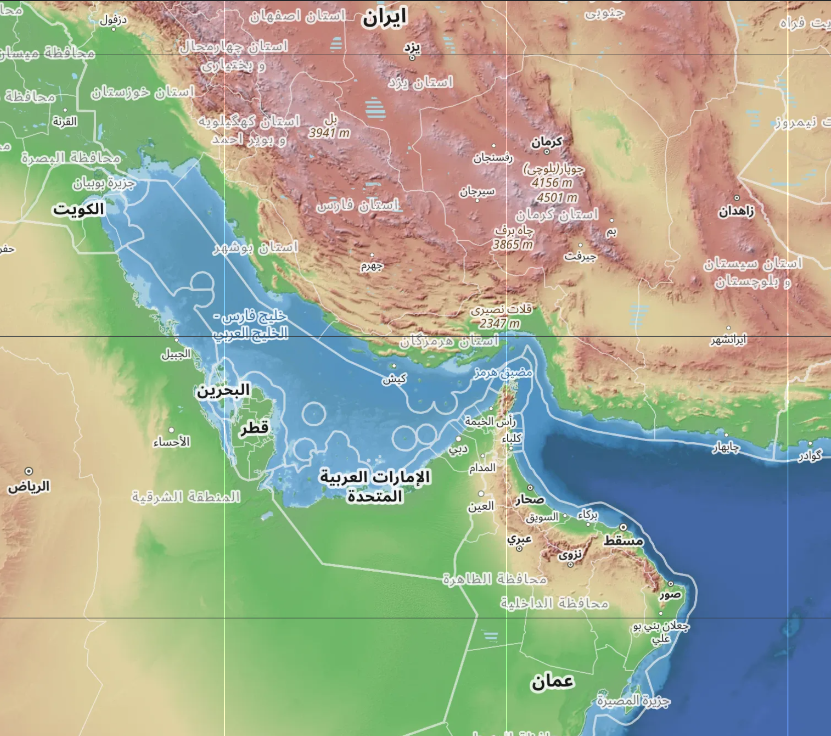 topographic and polical map of the area surrounding the Strait of Hormuz, labeled in Arabic characters